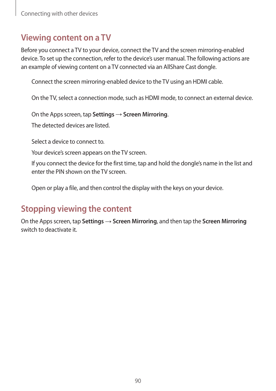 Viewing content on a tv, Stopping viewing the content | Samsung Galaxy Grand Prime User Manual | Page 90 / 133