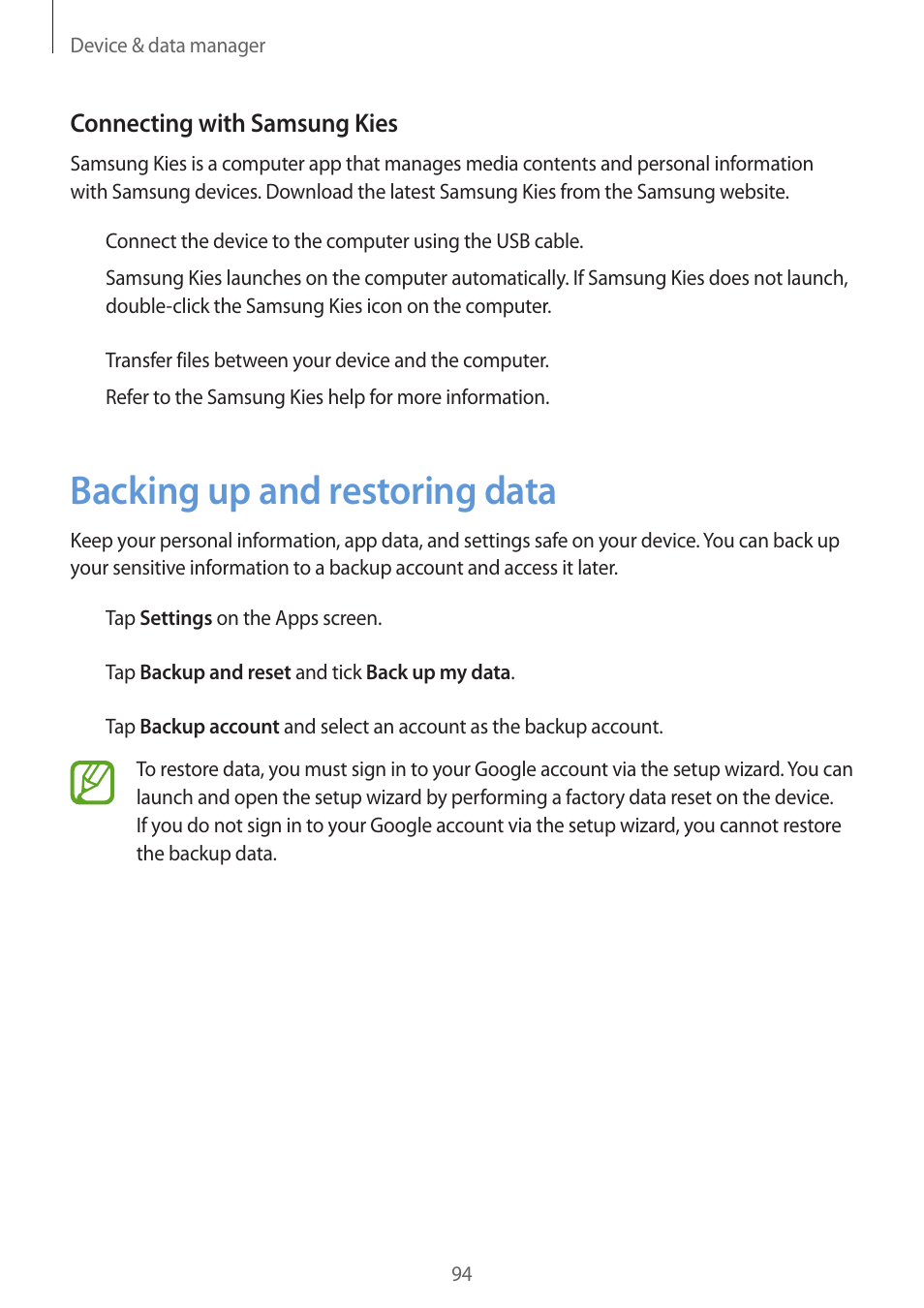 Backing up and restoring data, 94 backing up and restoring data | Samsung Galaxy Grand Prime User Manual | Page 94 / 133