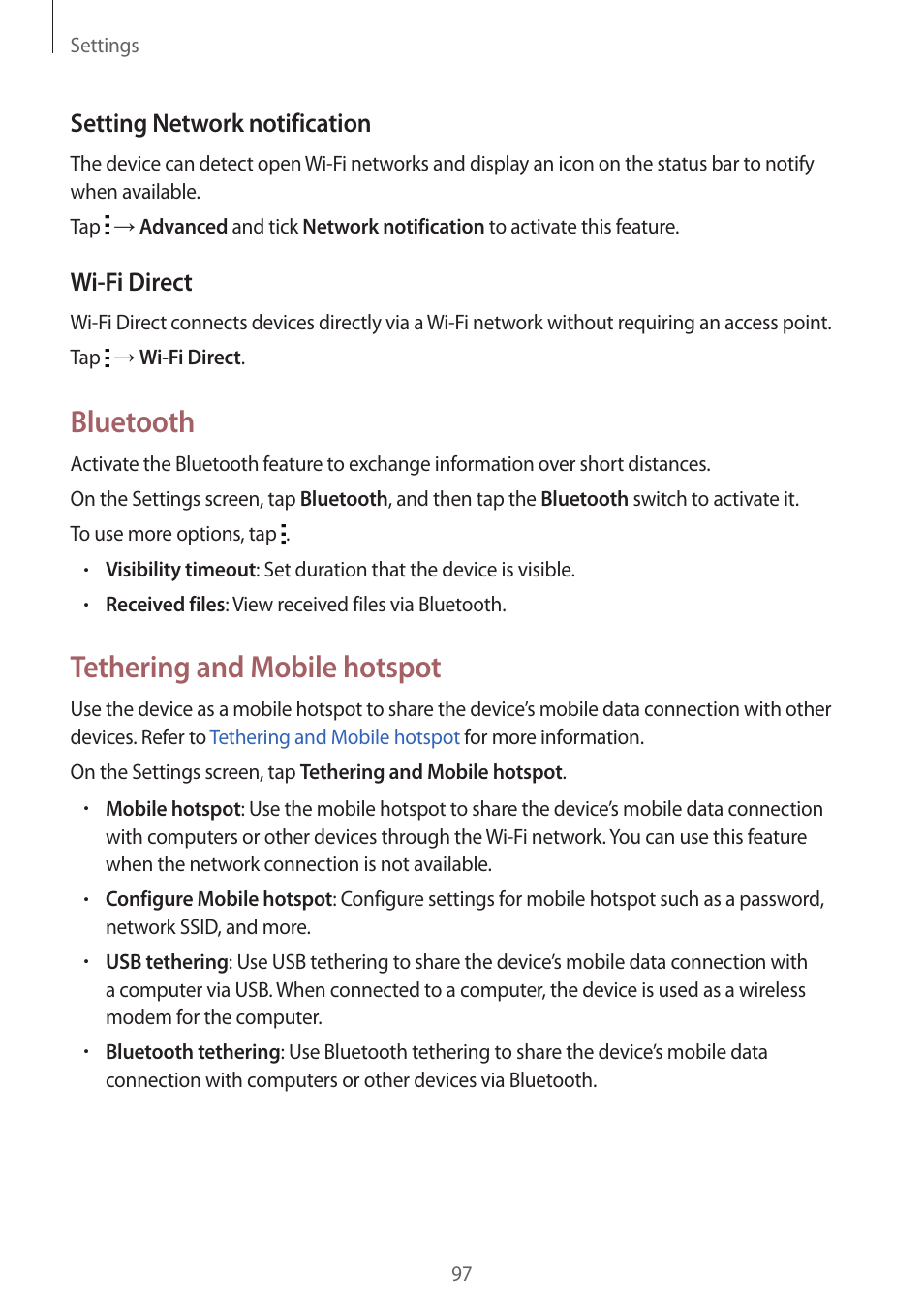 Bluetooth, Tethering and mobile hotspot, Setting network notification | Wi-fi direct | Samsung Galaxy Grand Prime User Manual | Page 97 / 133