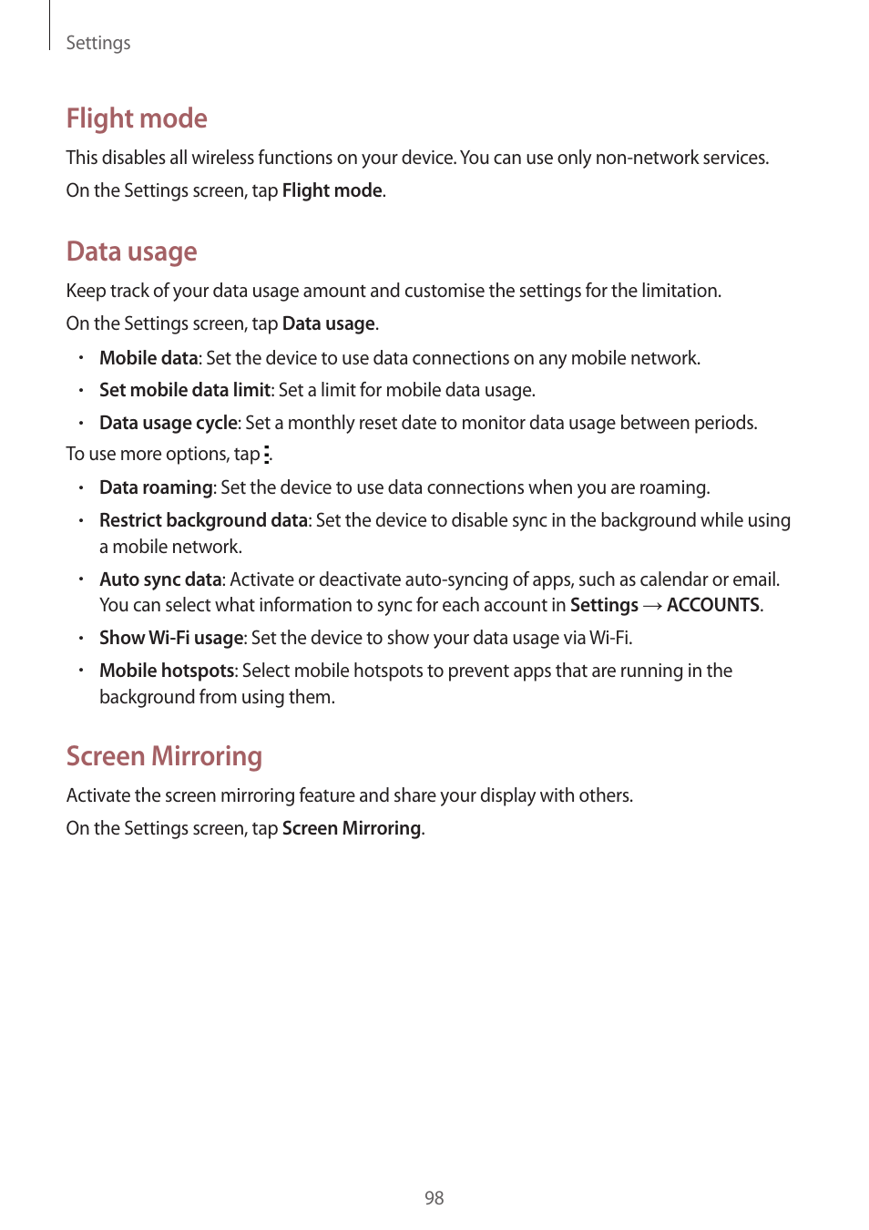 Data usage, Flight mode, Screen mirroring | Samsung Galaxy Grand Prime User Manual | Page 98 / 133