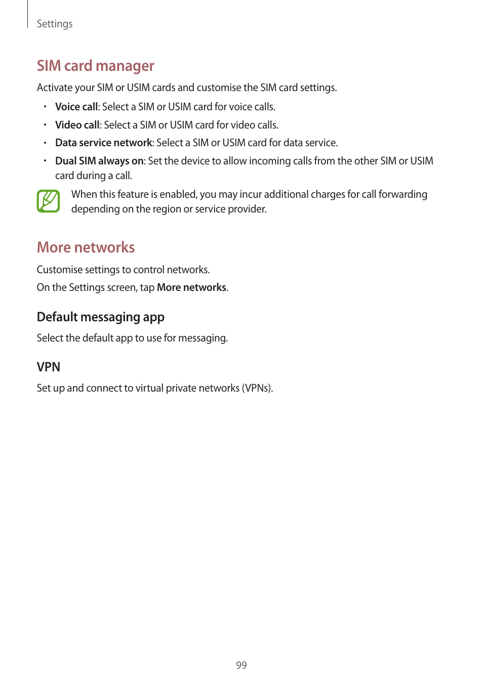 Sim card manager, More networks | Samsung Galaxy Grand Prime User Manual | Page 99 / 133
