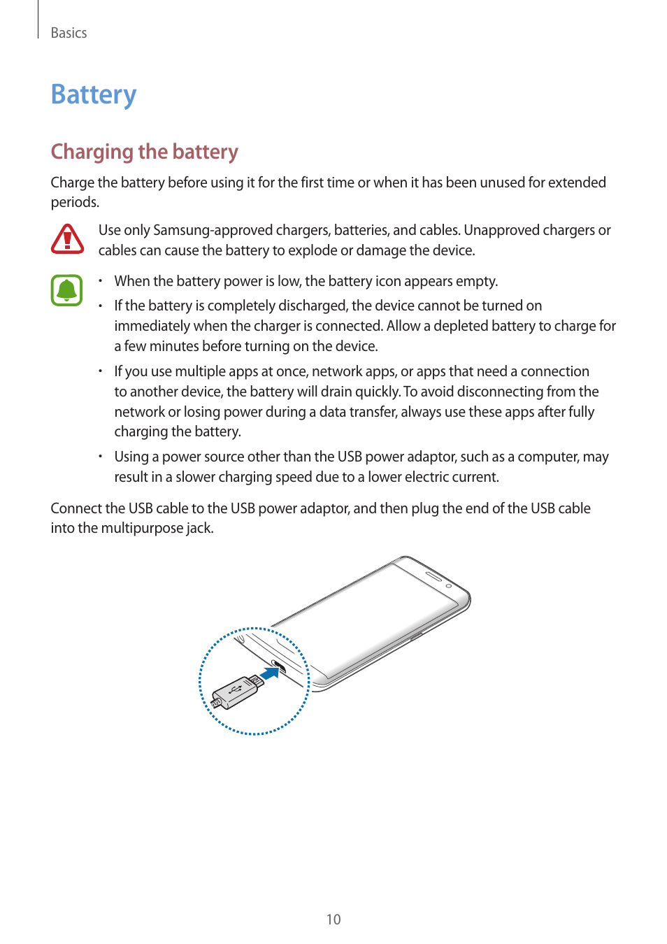 Battery, 10 battery, Charging the battery | Samsung Galaxy S6 Edge User Manual | Page 10 / 145