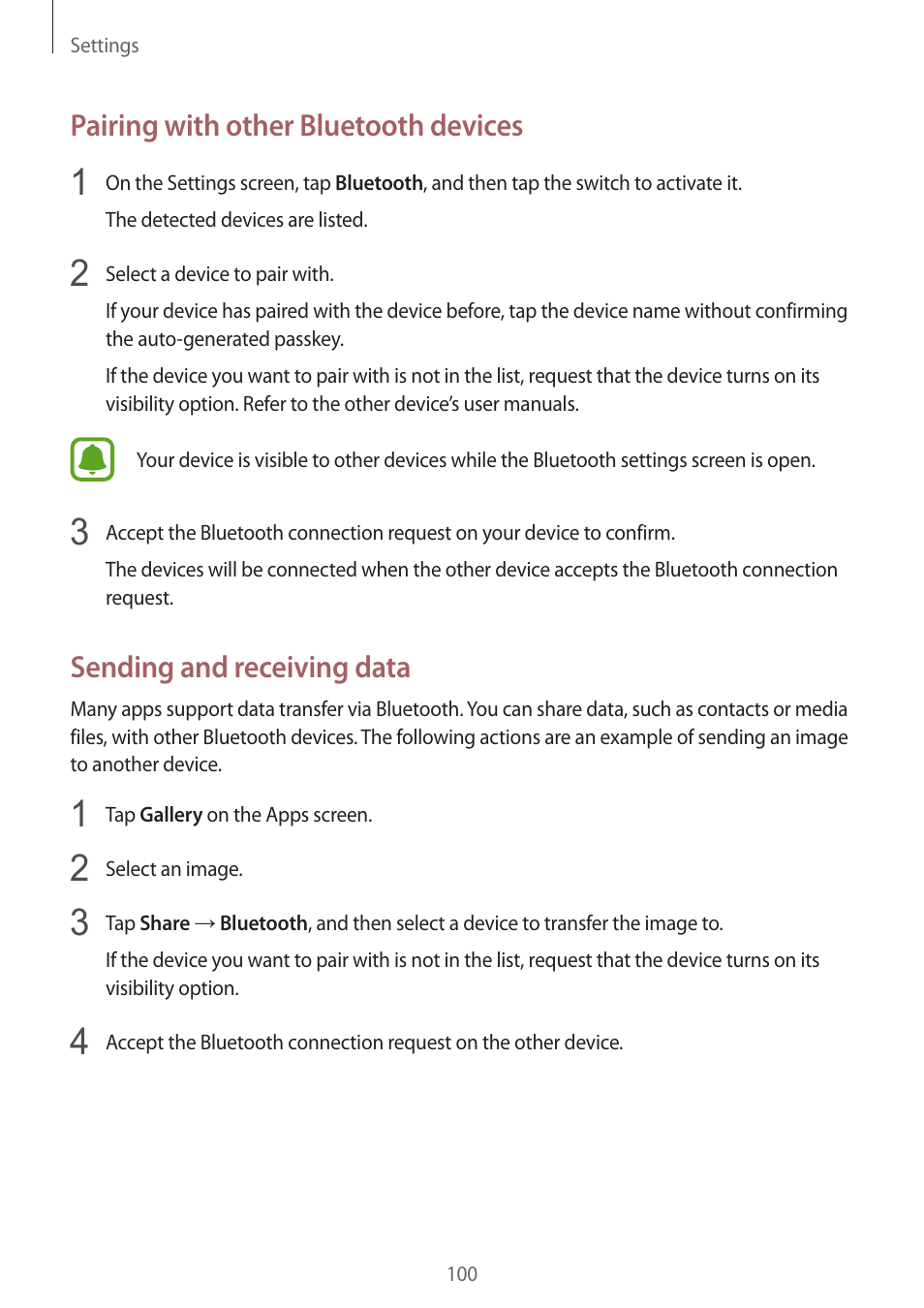 Pairing with other bluetooth devices, Sending and receiving data | Samsung Galaxy S6 Edge User Manual | Page 100 / 145