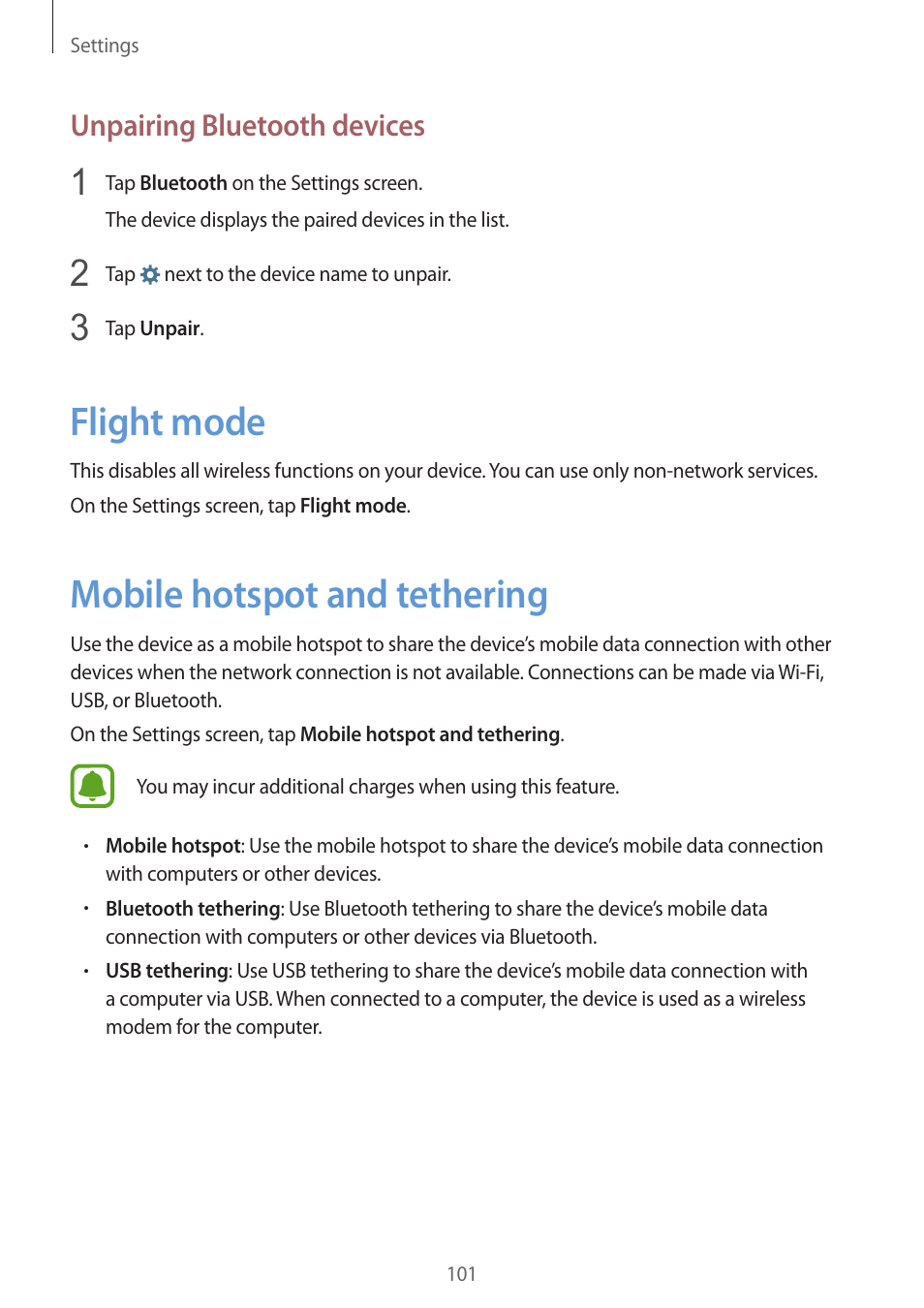 Flight mode, Mobile hotspot and tethering, 101 flight mode 101 mobile hotspot and tethering | Unpairing bluetooth devices | Samsung Galaxy S6 Edge User Manual | Page 101 / 145