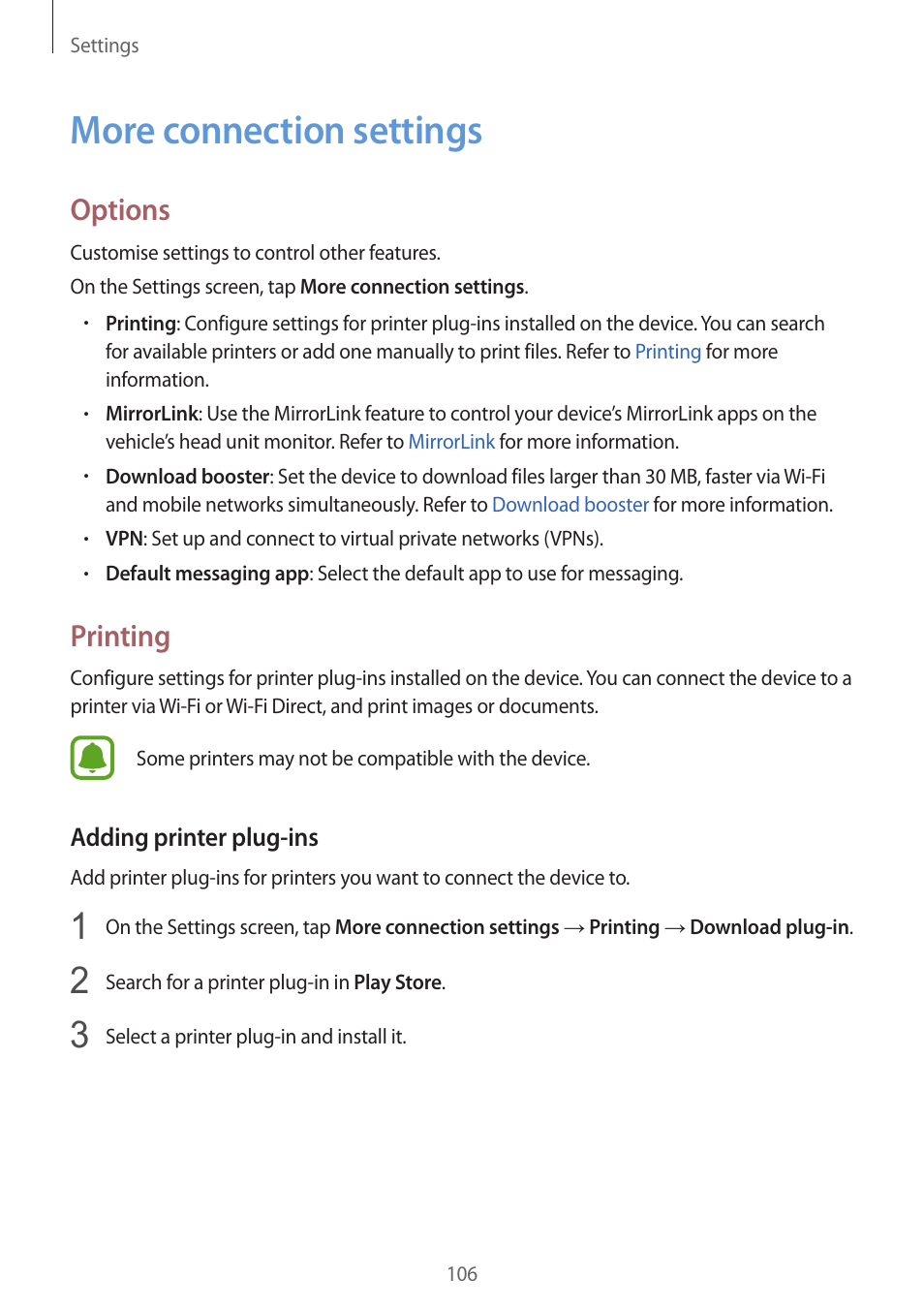 More connection settings, 106 more connection settings, Options | Printing | Samsung Galaxy S6 Edge User Manual | Page 106 / 145