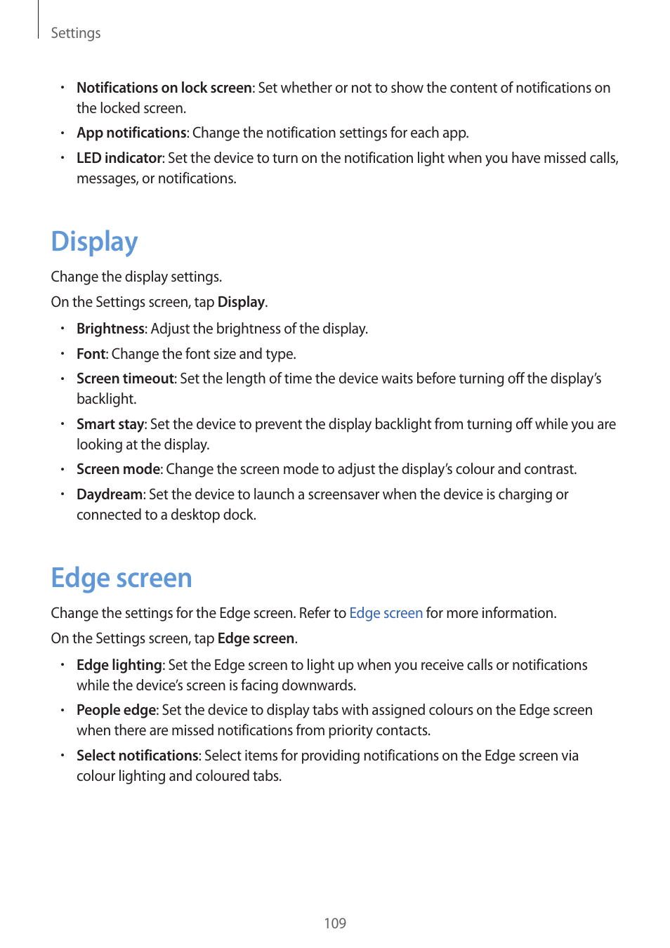 Display, Edge screen, 109 display | 109 edge screen | Samsung Galaxy S6 Edge User Manual | Page 109 / 145