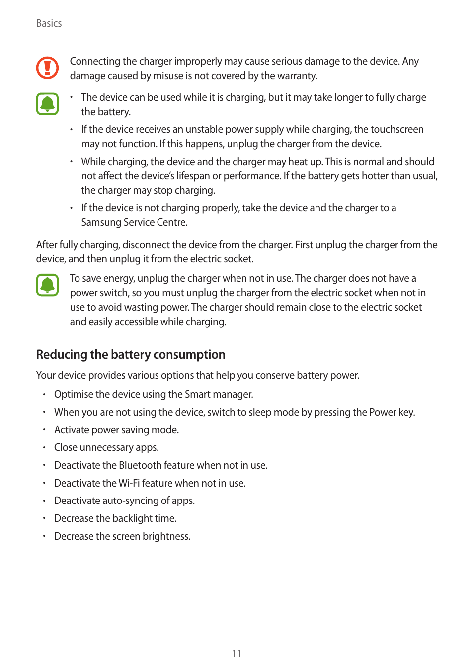 Reducing the battery consumption | Samsung Galaxy S6 Edge User Manual | Page 11 / 145