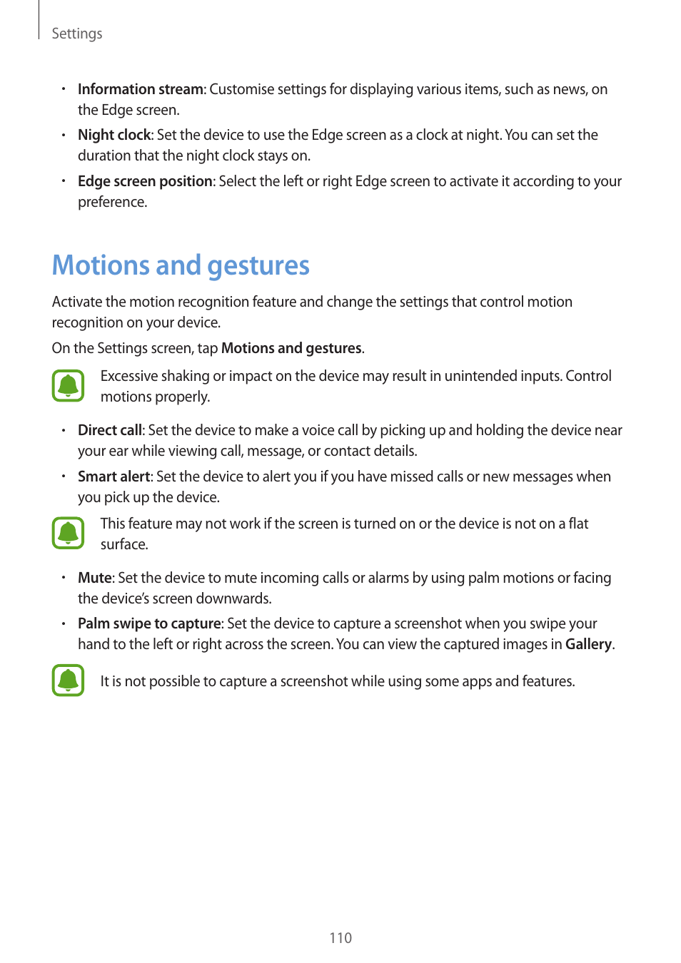 Motions and gestures, 110 motions and gestures | Samsung Galaxy S6 Edge User Manual | Page 110 / 145