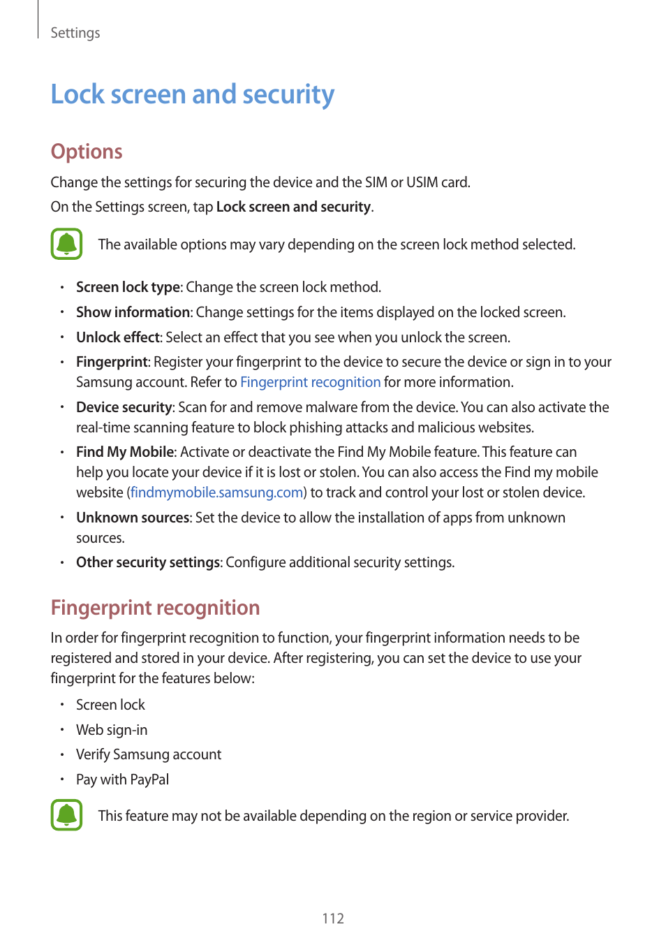 Lock screen and security, 112 lock screen and security, Options | Fingerprint recognition | Samsung Galaxy S6 Edge User Manual | Page 112 / 145