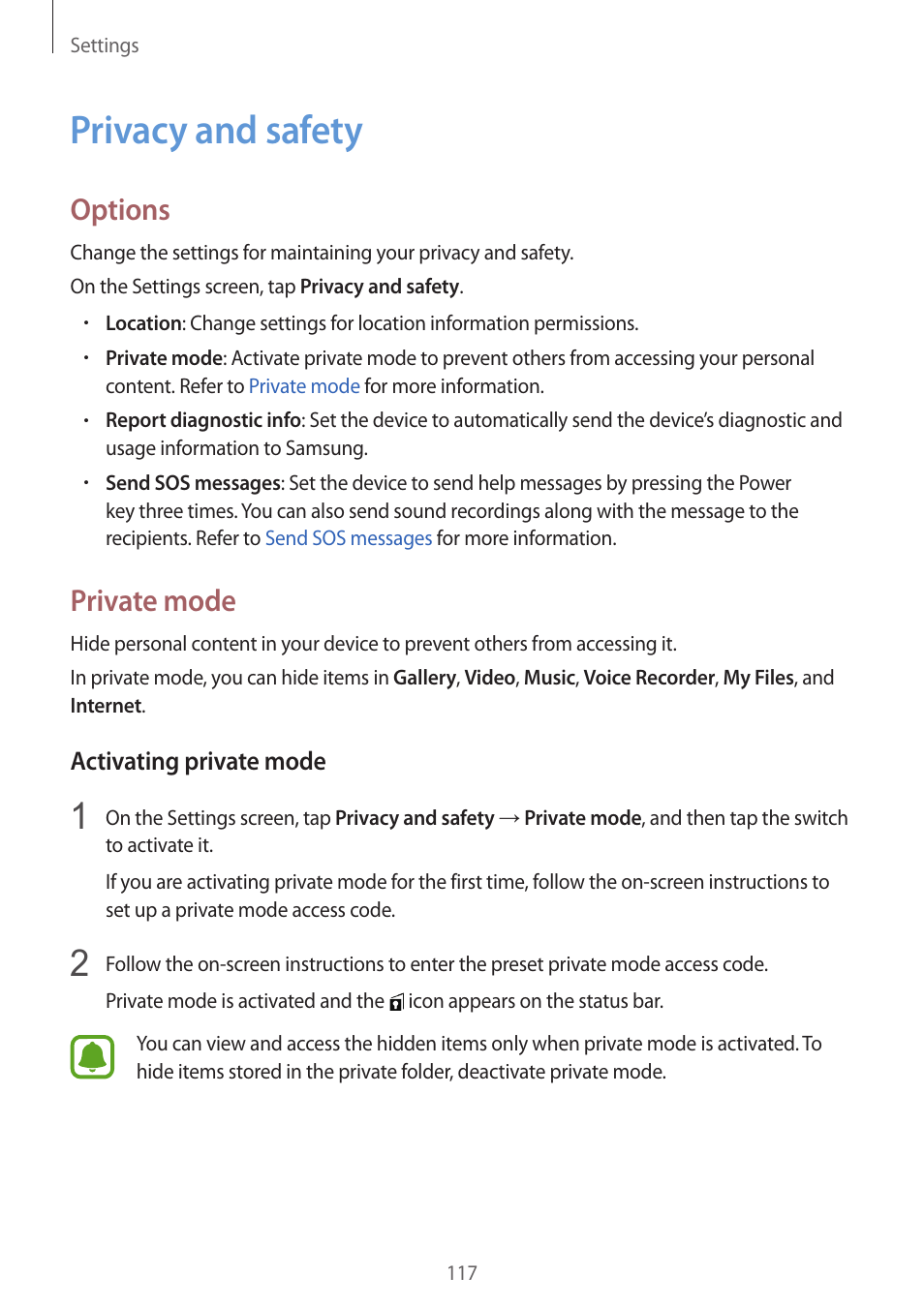 Privacy and safety, 117 privacy and safety, Options | Private mode | Samsung Galaxy S6 Edge User Manual | Page 117 / 145