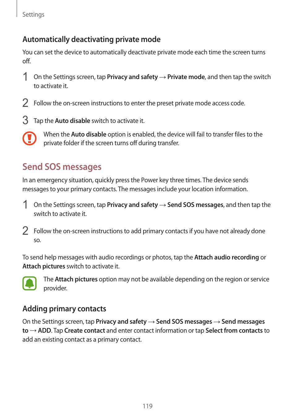 Send sos messages | Samsung Galaxy S6 Edge User Manual | Page 119 / 145