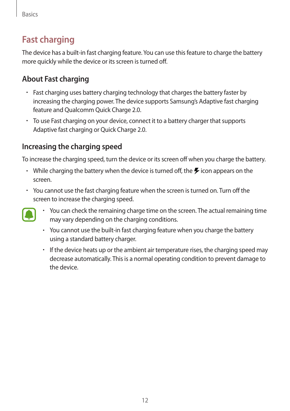 Fast charging, About fast charging, Increasing the charging speed | Samsung Galaxy S6 Edge User Manual | Page 12 / 145