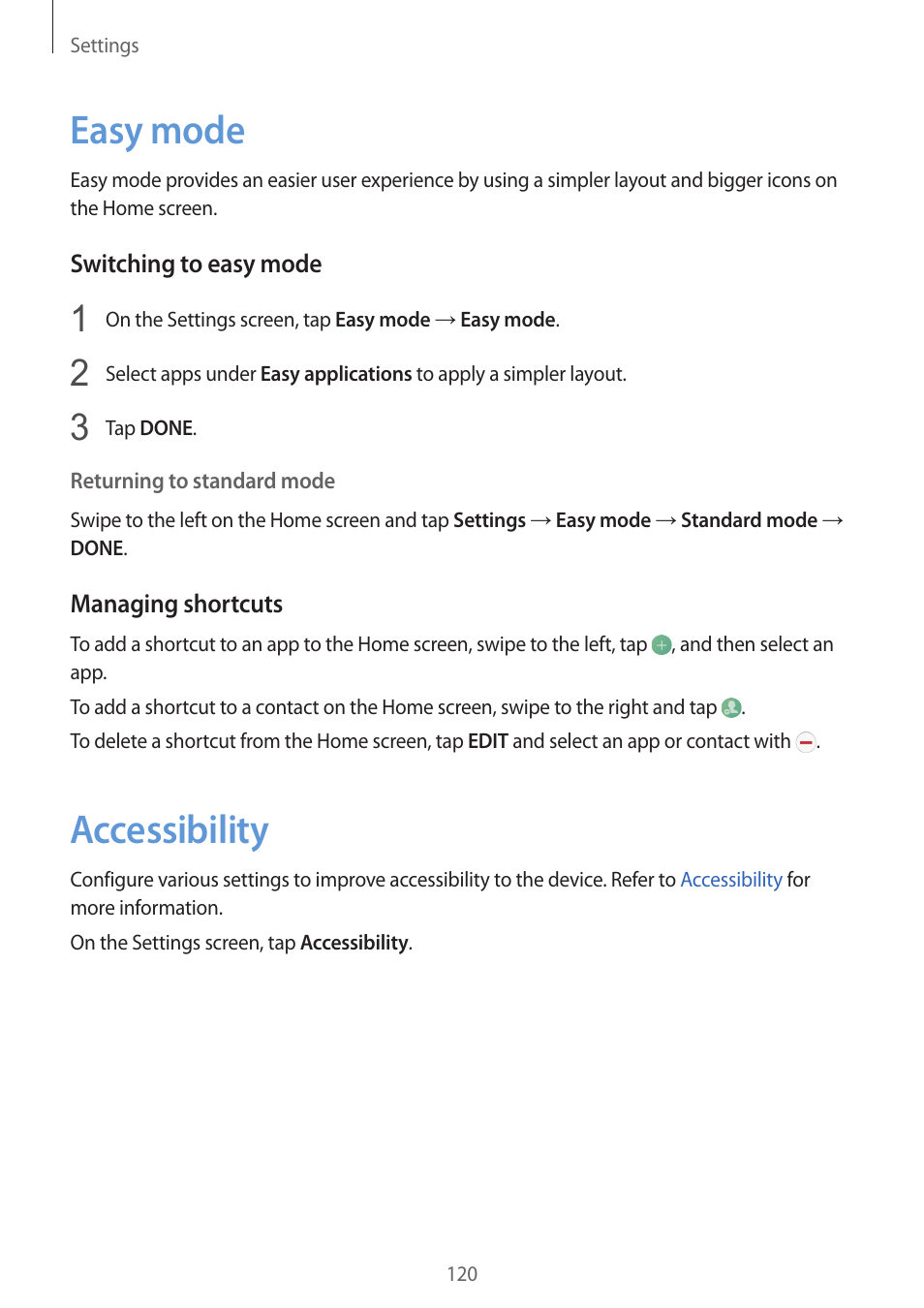 Easy mode, Accessibility, 120 easy mode 120 accessibility | Samsung Galaxy S6 Edge User Manual | Page 120 / 145