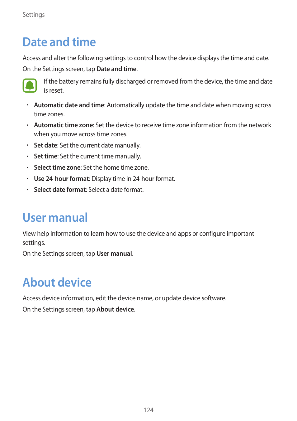 Date and time, User manual, About device | 124 date and time 124 user manual 124 about device | Samsung Galaxy S6 Edge User Manual | Page 124 / 145