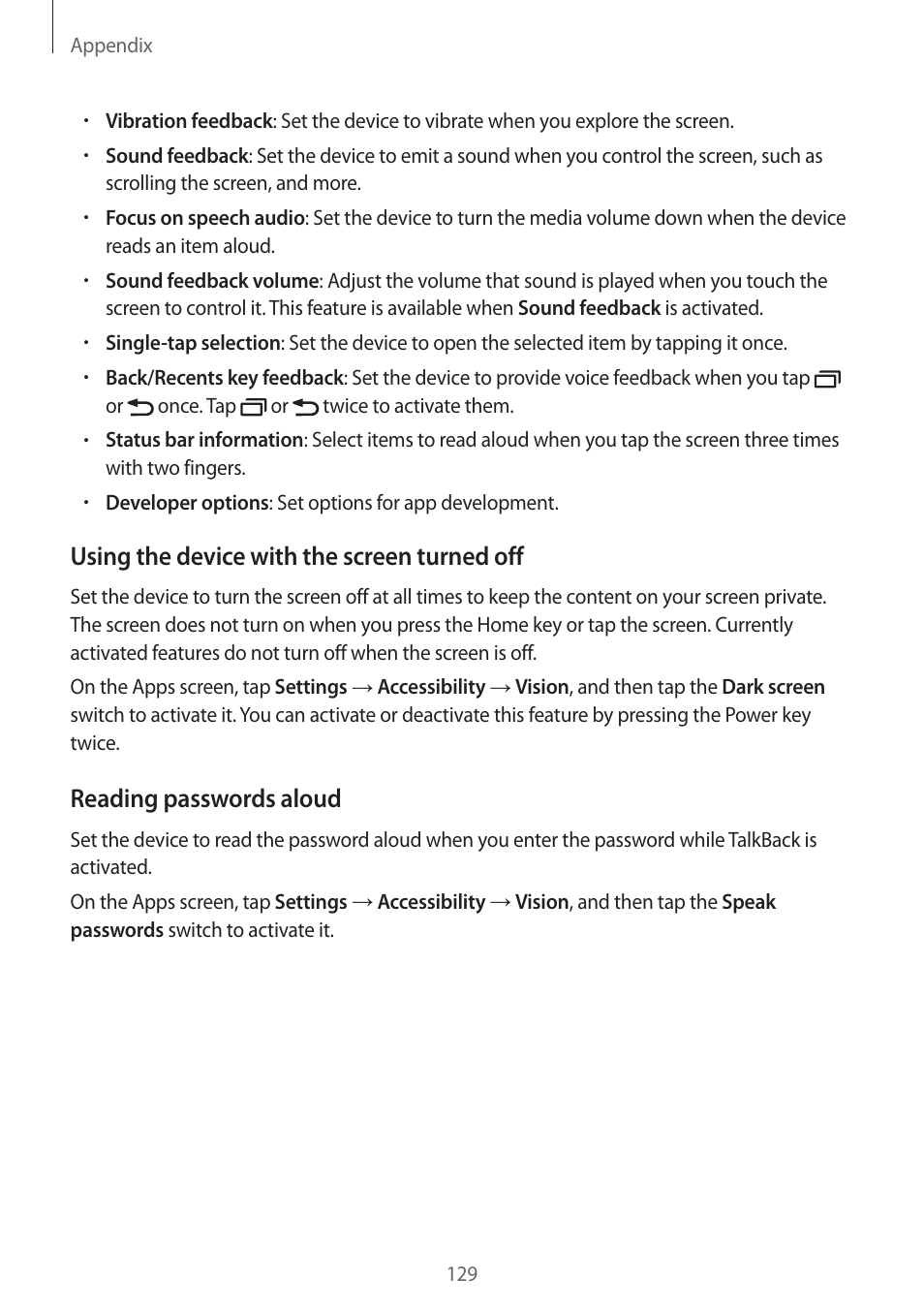 Using the device with the screen turned off, Reading passwords aloud | Samsung Galaxy S6 Edge User Manual | Page 129 / 145