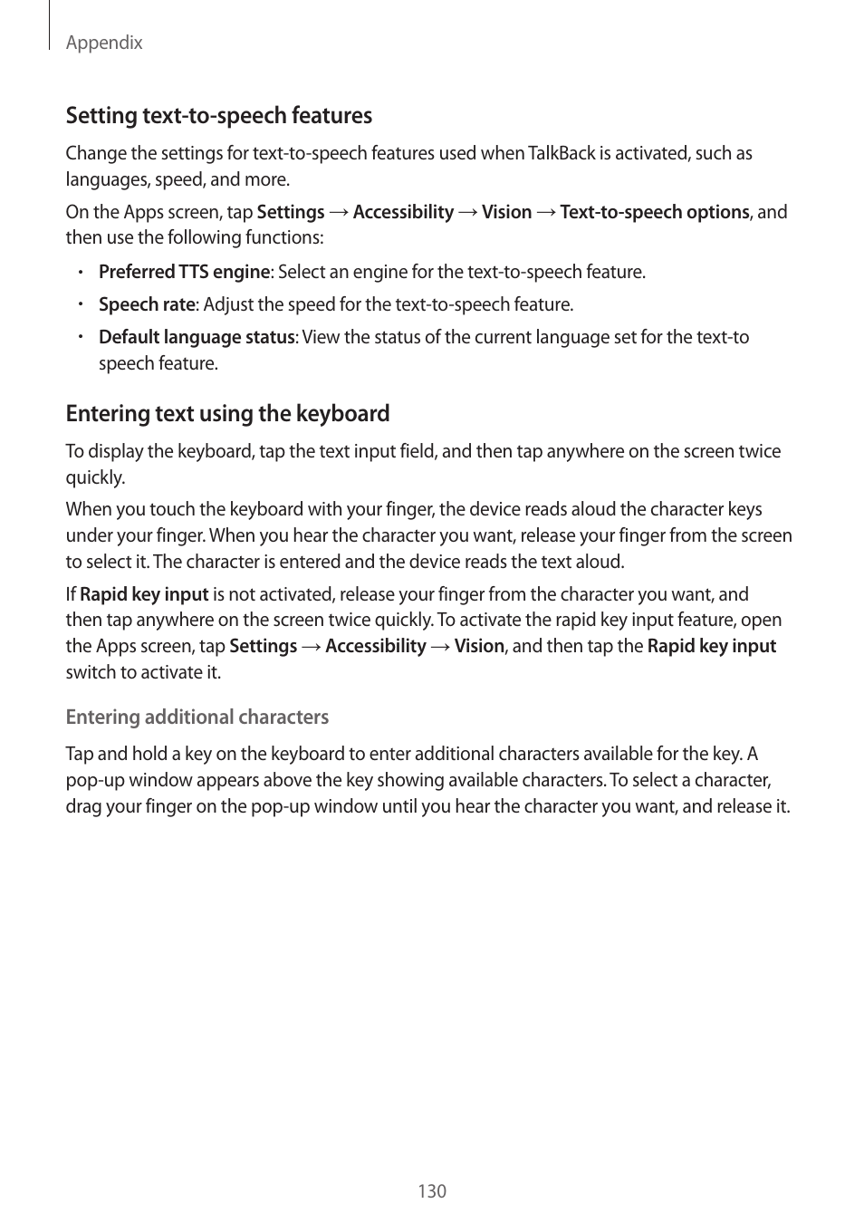 Setting text-to-speech features, Entering text using the keyboard | Samsung Galaxy S6 Edge User Manual | Page 130 / 145