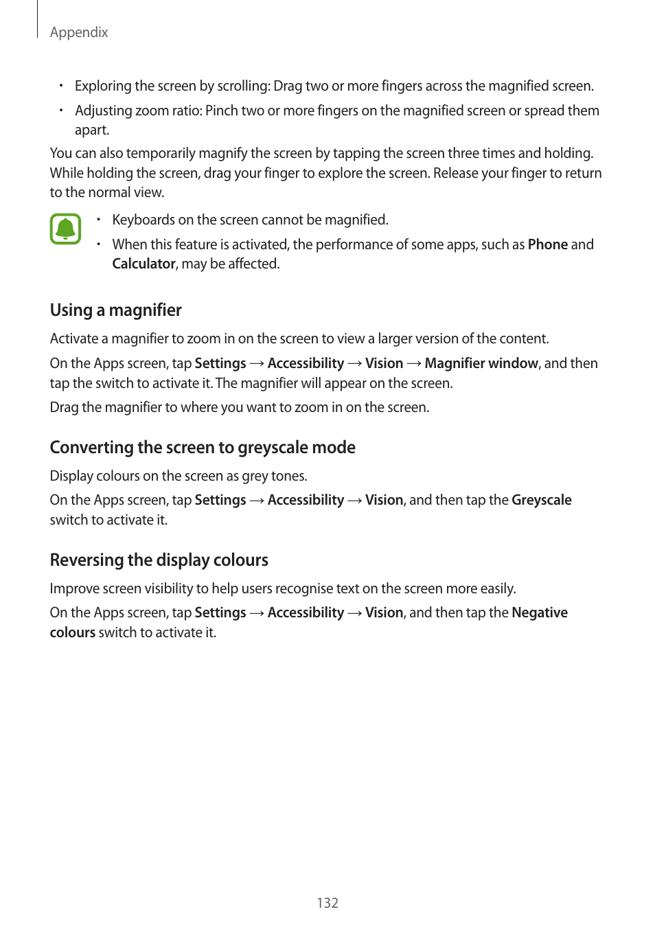 Using a magnifier, Converting the screen to greyscale mode, Reversing the display colours | Samsung Galaxy S6 Edge User Manual | Page 132 / 145