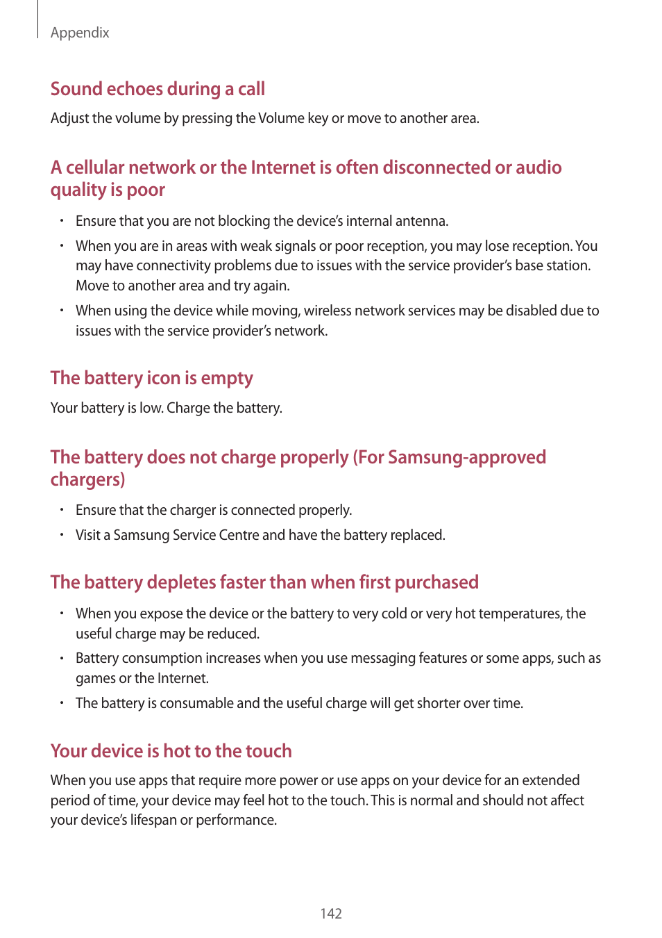 Sound echoes during a call, The battery icon is empty, Your device is hot to the touch | Samsung Galaxy S6 Edge User Manual | Page 142 / 145