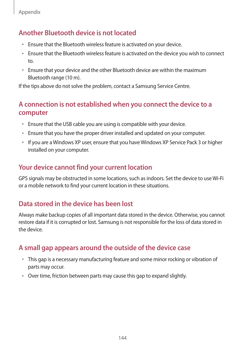 Another bluetooth device is not located, Your device cannot find your current location, Data stored in the device has been lost | Samsung Galaxy S6 Edge User Manual | Page 144 / 145