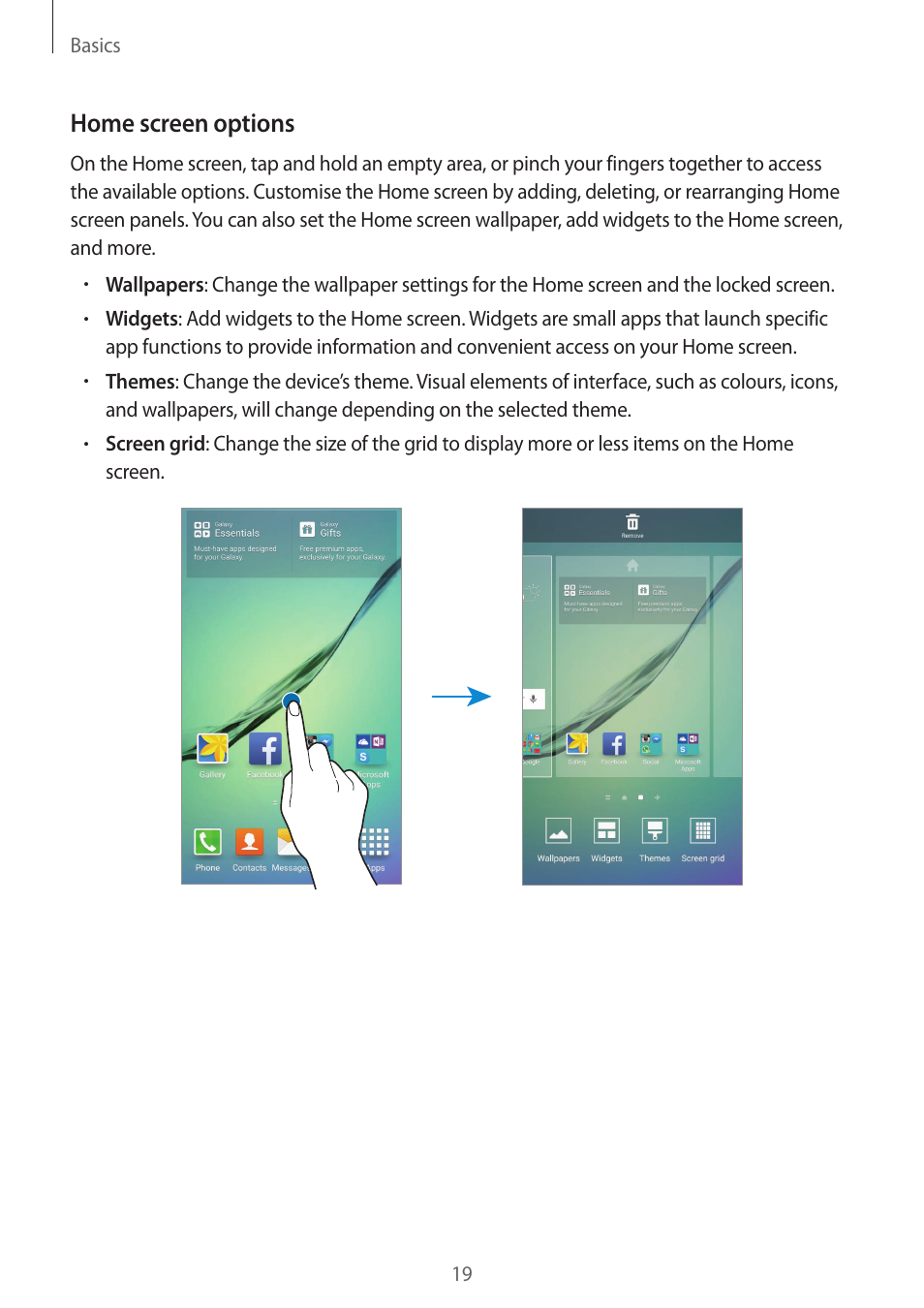 Home screen options | Samsung Galaxy S6 Edge User Manual | Page 19 / 145