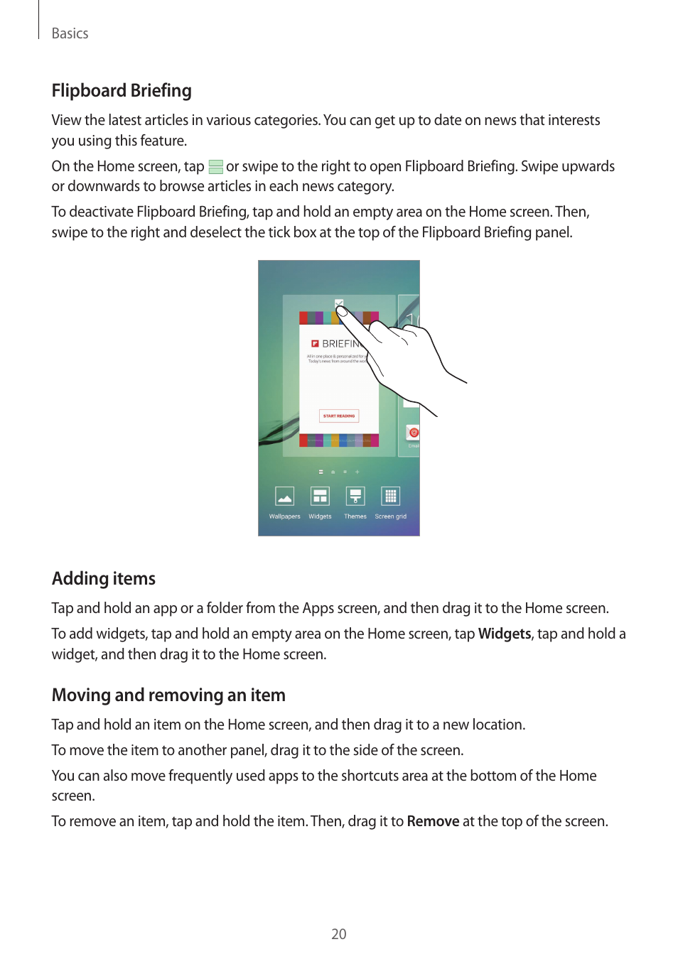 Flipboard briefing, Adding items, Moving and removing an item | Samsung Galaxy S6 Edge User Manual | Page 20 / 145