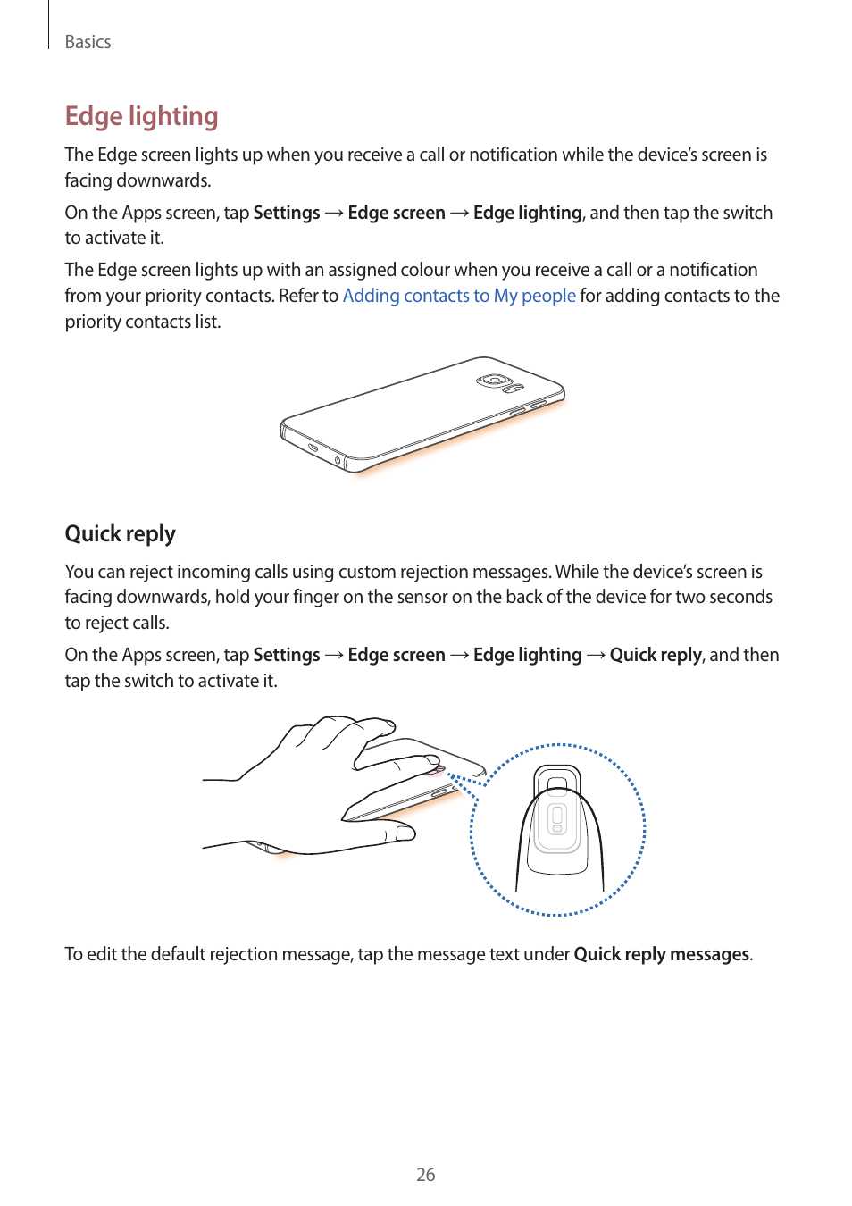 Edge lighting, Quick reply | Samsung Galaxy S6 Edge User Manual | Page 26 / 145