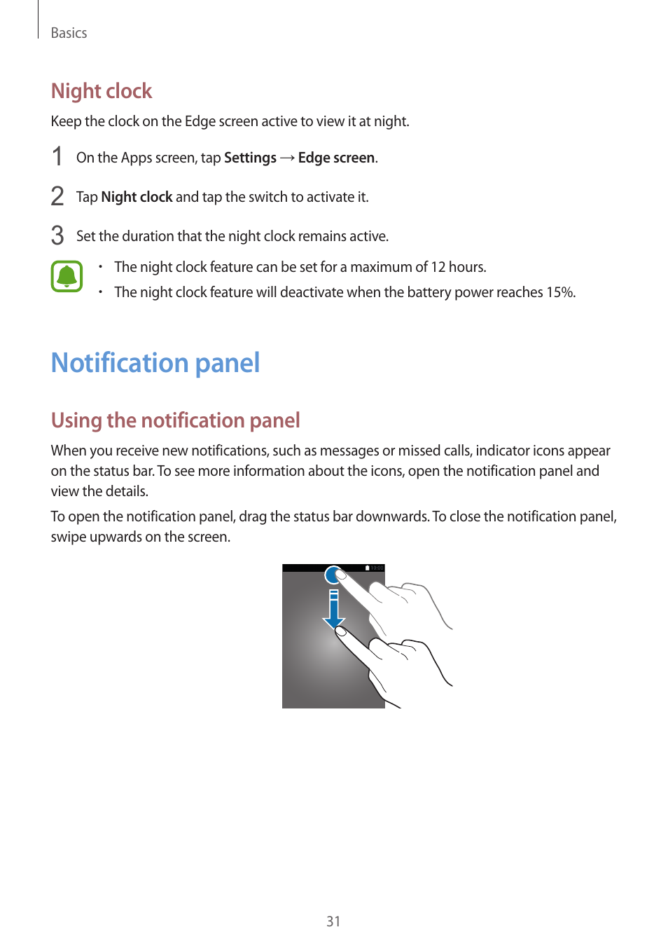 Notification panel, 31 notification panel, Night clock | Using the notification panel | Samsung Galaxy S6 Edge User Manual | Page 31 / 145