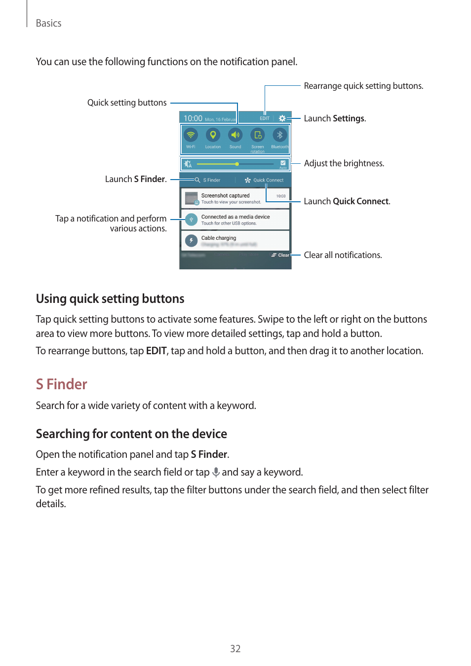 S finder, Using quick setting buttons, Searching for content on the device | Samsung Galaxy S6 Edge User Manual | Page 32 / 145