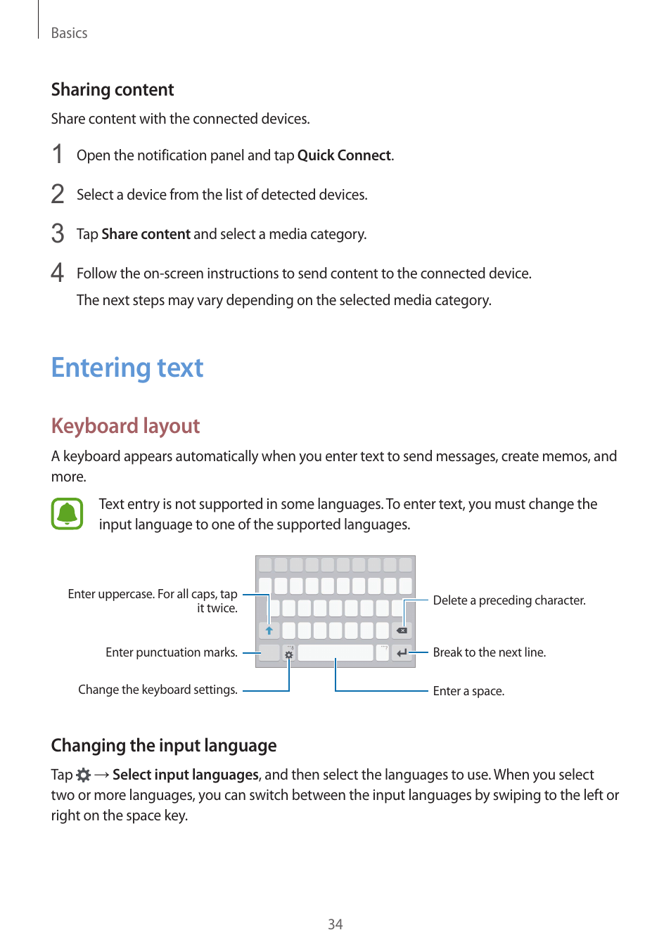 Entering text, 34 entering text, Keyboard layout | Samsung Galaxy S6 Edge User Manual | Page 34 / 145