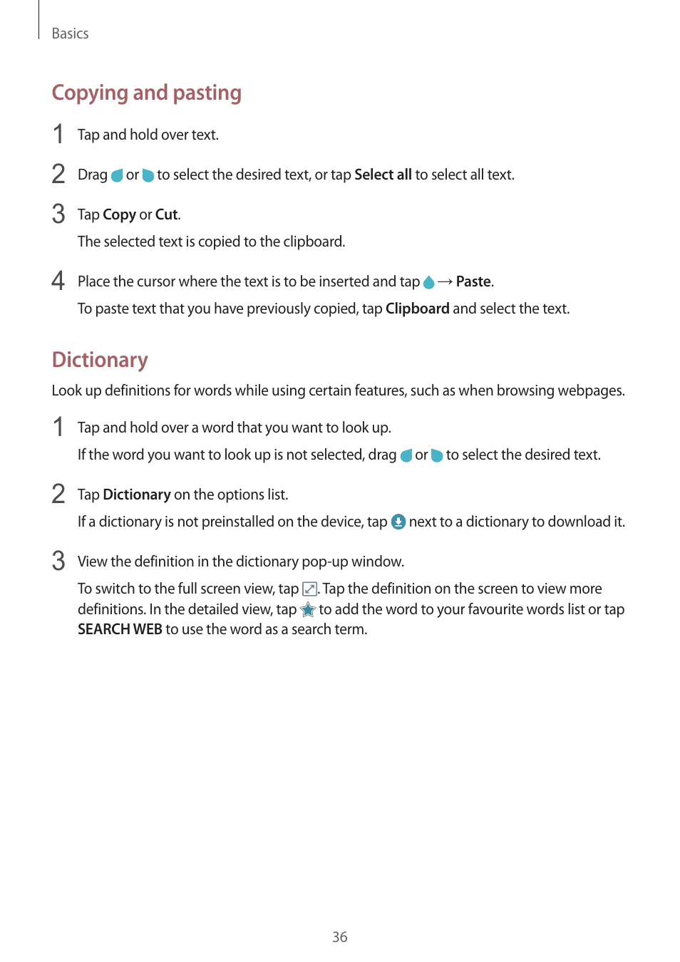 Copying and pasting, Dictionary | Samsung Galaxy S6 Edge User Manual | Page 36 / 145