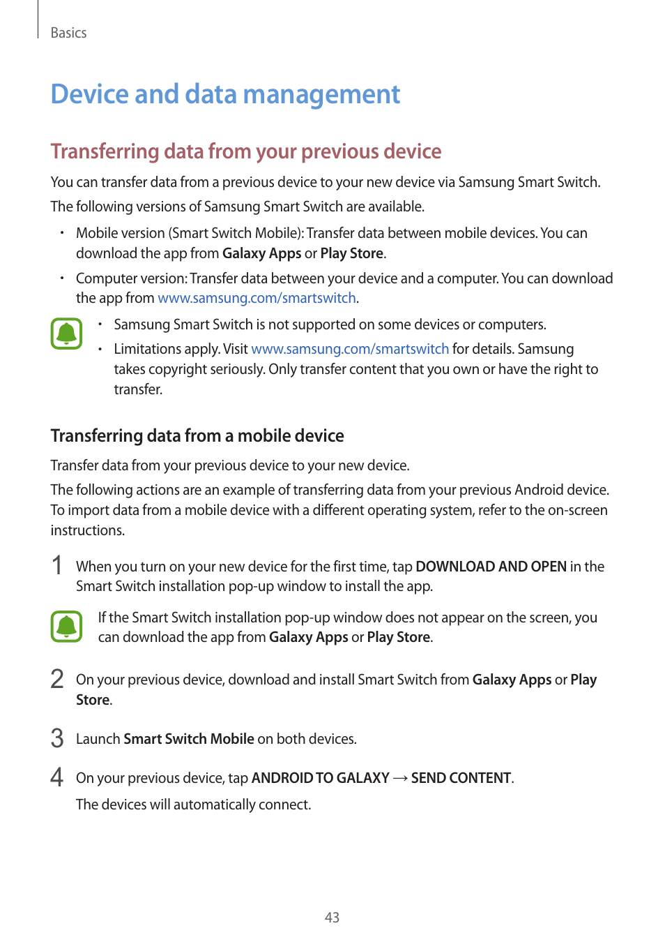 Device and data management, 43 device and data management, Transferring data from your previous device | Samsung Galaxy S6 Edge User Manual | Page 43 / 145