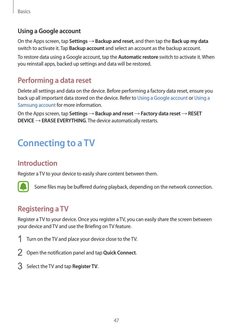 Connecting to a tv, 47 connecting to a tv, Performing a data reset | Introduction, Registering a tv | Samsung Galaxy S6 Edge User Manual | Page 47 / 145