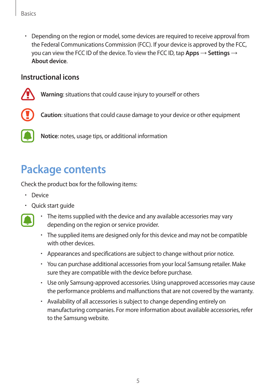 Package contents, Instructional icons | Samsung Galaxy S6 Edge User Manual | Page 5 / 145