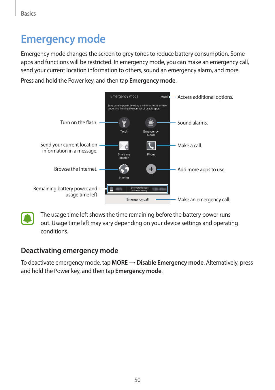 Emergency mode, 50 emergency mode, Deactivating emergency mode | Samsung Galaxy S6 Edge User Manual | Page 50 / 145