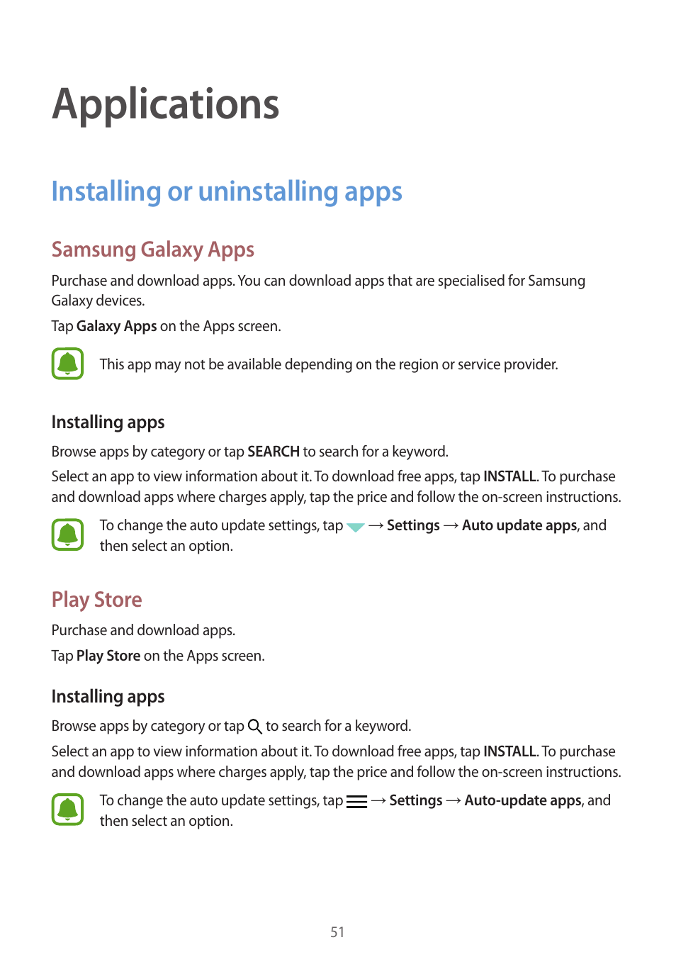 Applications, Installing or uninstalling apps, 51 installing or uninstalling apps | Samsung galaxy apps, Play store | Samsung Galaxy S6 Edge User Manual | Page 51 / 145