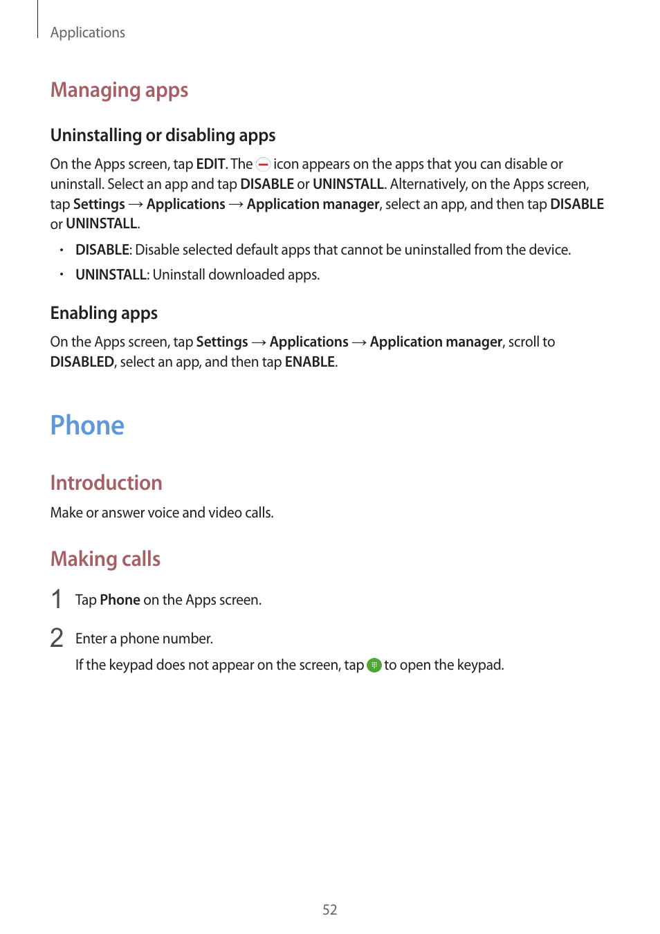 Phone, 52 phone, Managing apps | Introduction, Making calls | Samsung Galaxy S6 Edge User Manual | Page 52 / 145