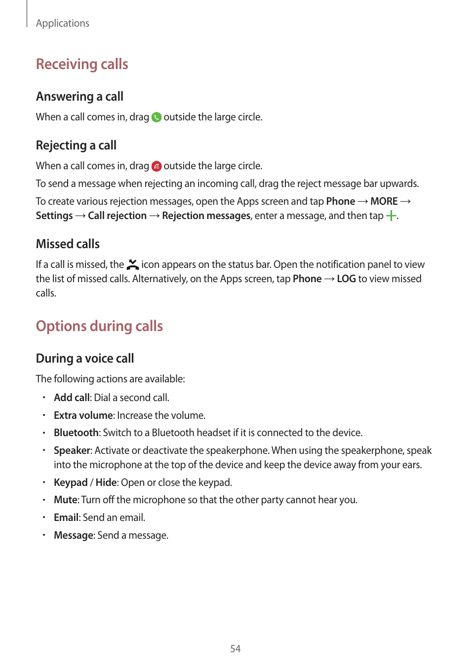 Receiving calls, Options during calls | Samsung Galaxy S6 Edge User Manual | Page 54 / 145