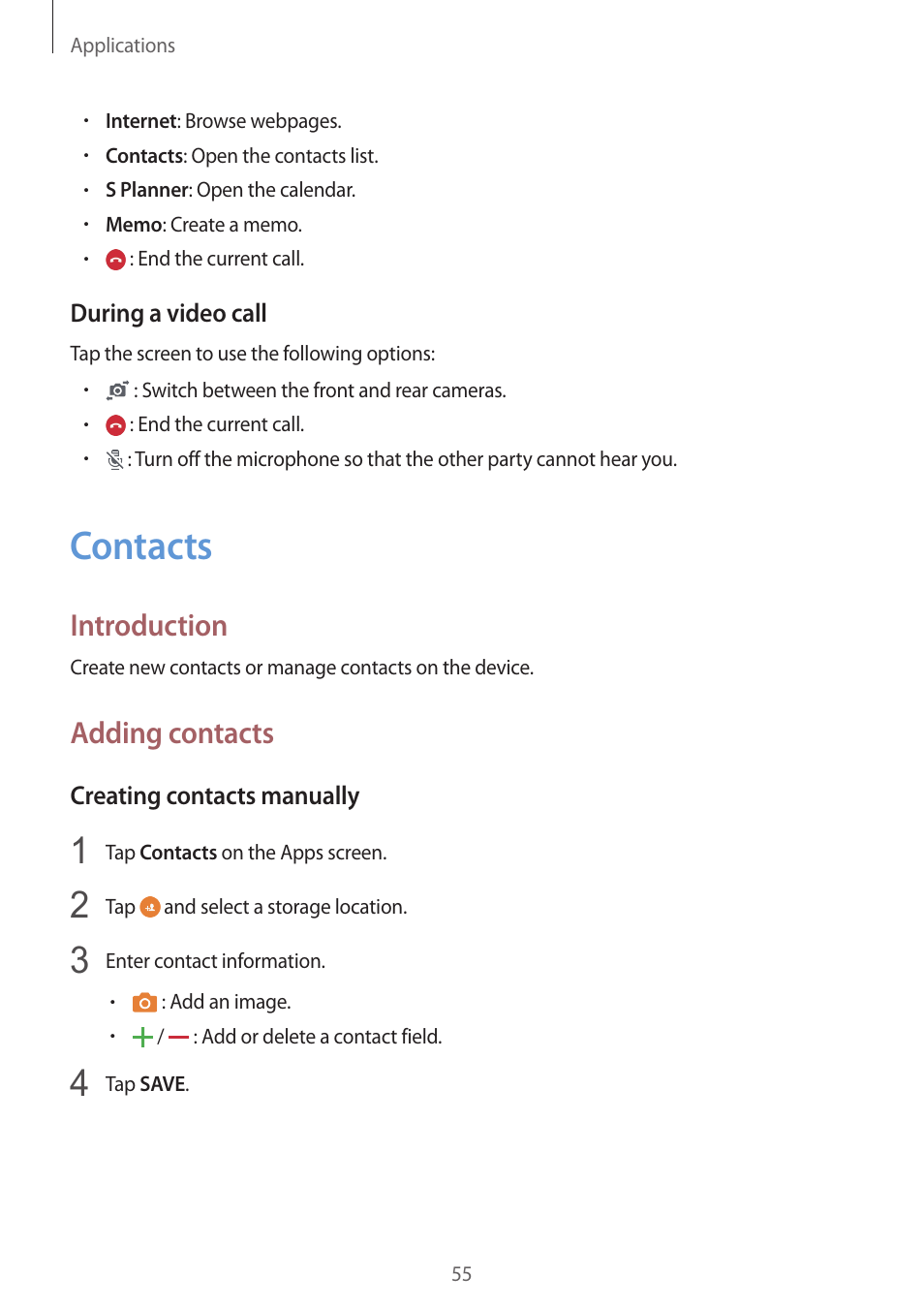 Contacts, 55 contacts, Introduction | Adding contacts | Samsung Galaxy S6 Edge User Manual | Page 55 / 145