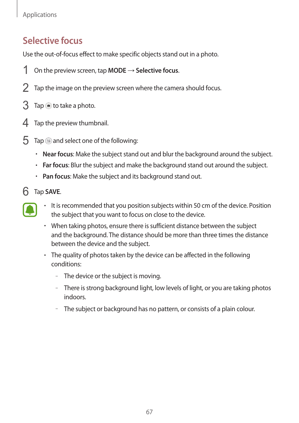 Selective focus | Samsung Galaxy S6 Edge User Manual | Page 67 / 145