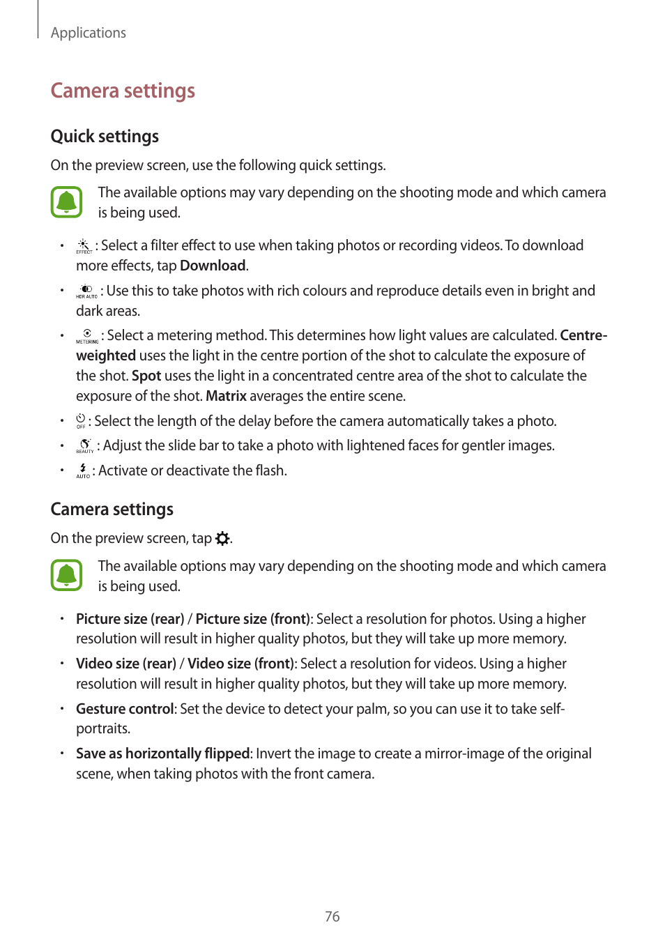 Camera settings, Quick settings | Samsung Galaxy S6 Edge User Manual | Page 76 / 145