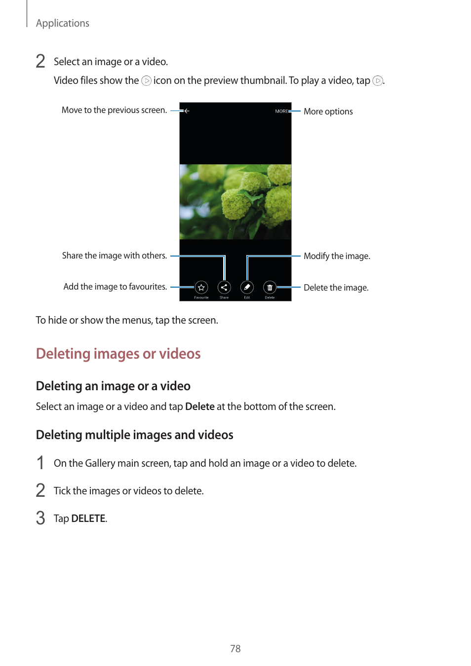 Deleting images or videos | Samsung Galaxy S6 Edge User Manual | Page 78 / 145