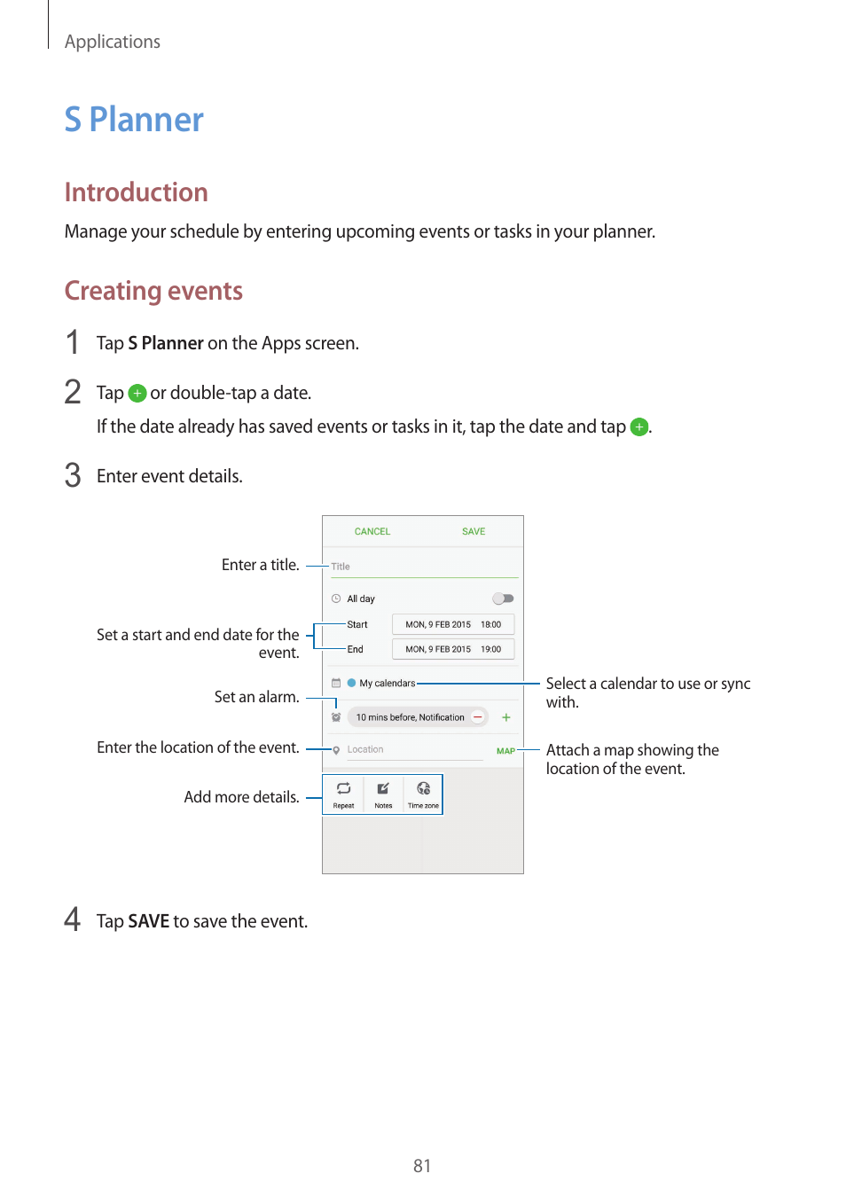 S planner, 81 s planner, Introduction | Creating events | Samsung Galaxy S6 Edge User Manual | Page 81 / 145