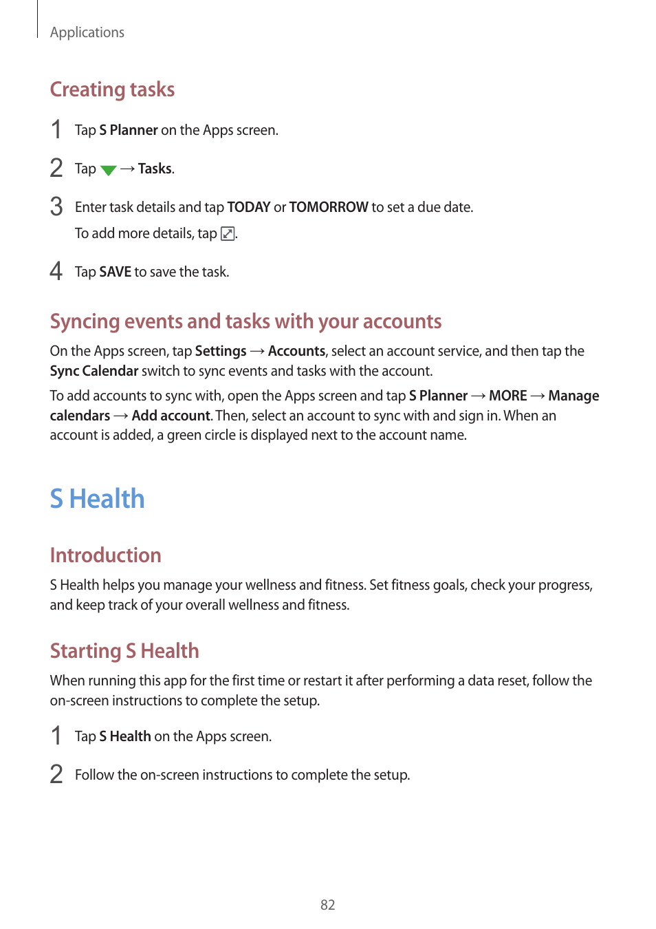 S health, 82 s health, Creating tasks | Syncing events and tasks with your accounts, Introduction, Starting s health | Samsung Galaxy S6 Edge User Manual | Page 82 / 145