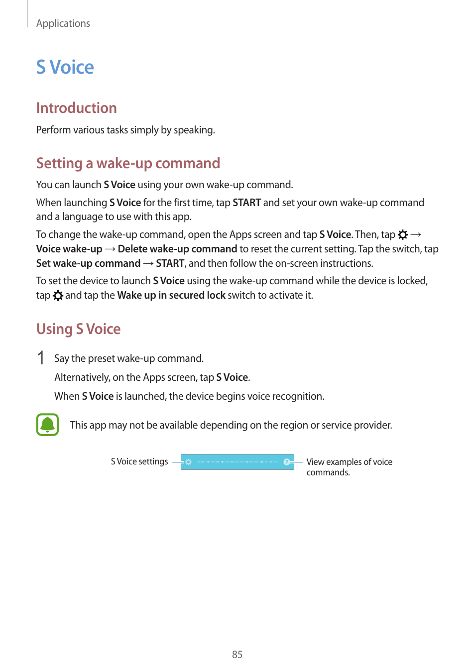 S voice, 85 s voice, Introduction | Setting a wake-up command, Using s voice | Samsung Galaxy S6 Edge User Manual | Page 85 / 145