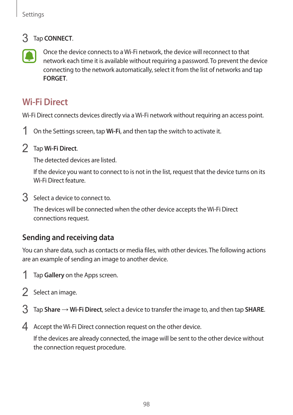 Wi-fi direct | Samsung Galaxy S6 Edge User Manual | Page 98 / 145