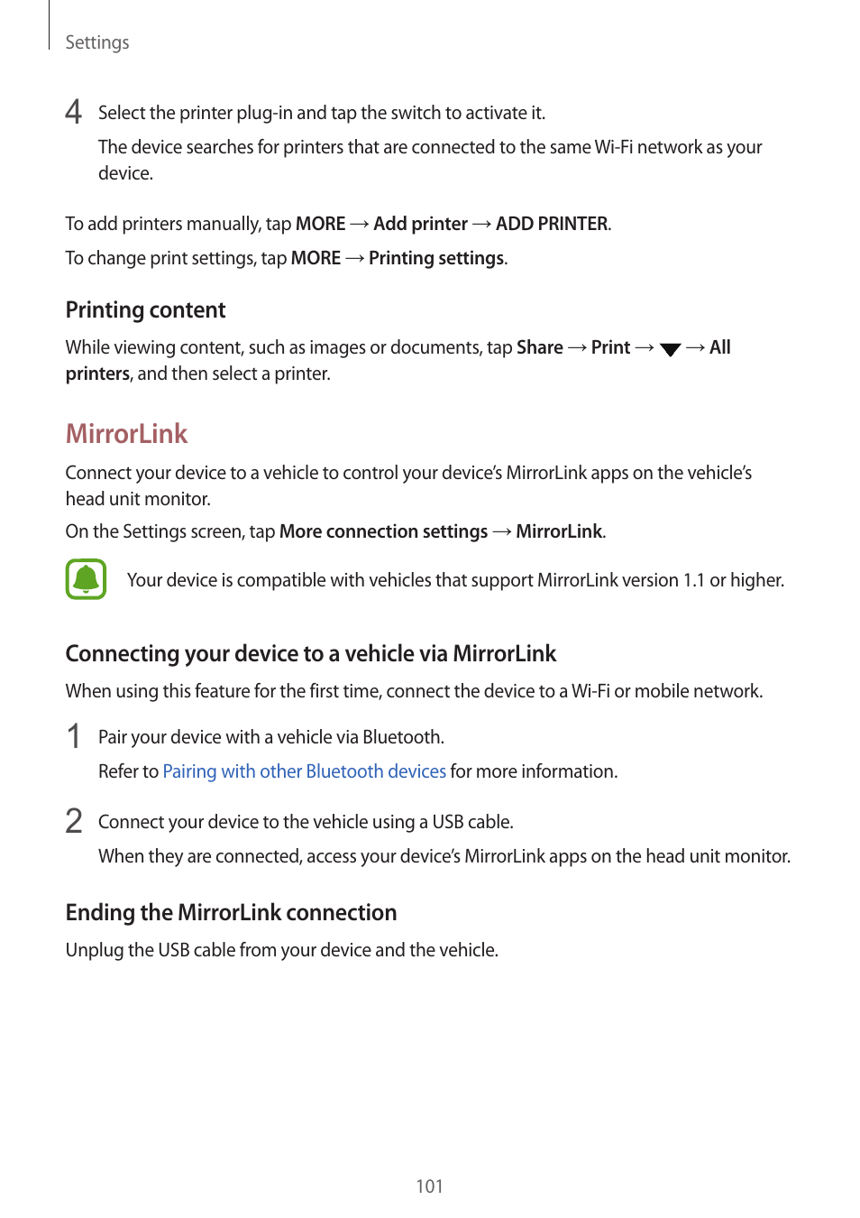 Mirrorlink | Samsung Galaxy S6 User Manual | Page 101 / 140