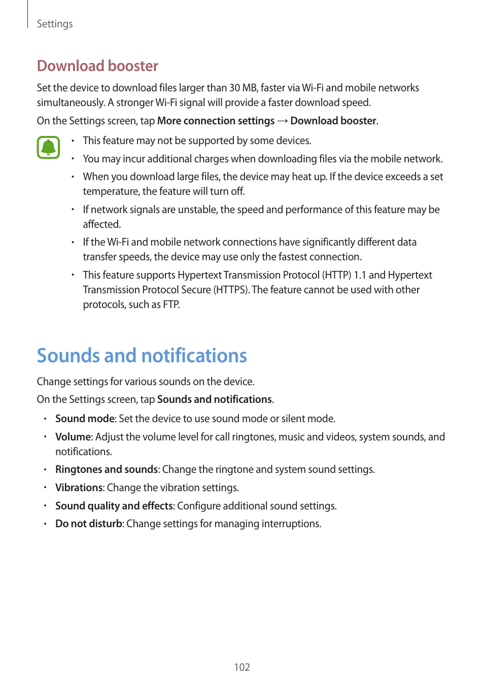Sounds and notifications, 102 sounds and notifications, Download booster | Samsung Galaxy S6 User Manual | Page 102 / 140