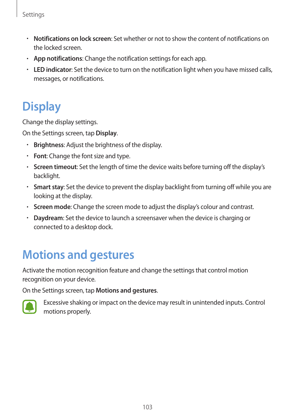 Display, Motions and gestures, 103 display 103 motions and gestures | Samsung Galaxy S6 User Manual | Page 103 / 140