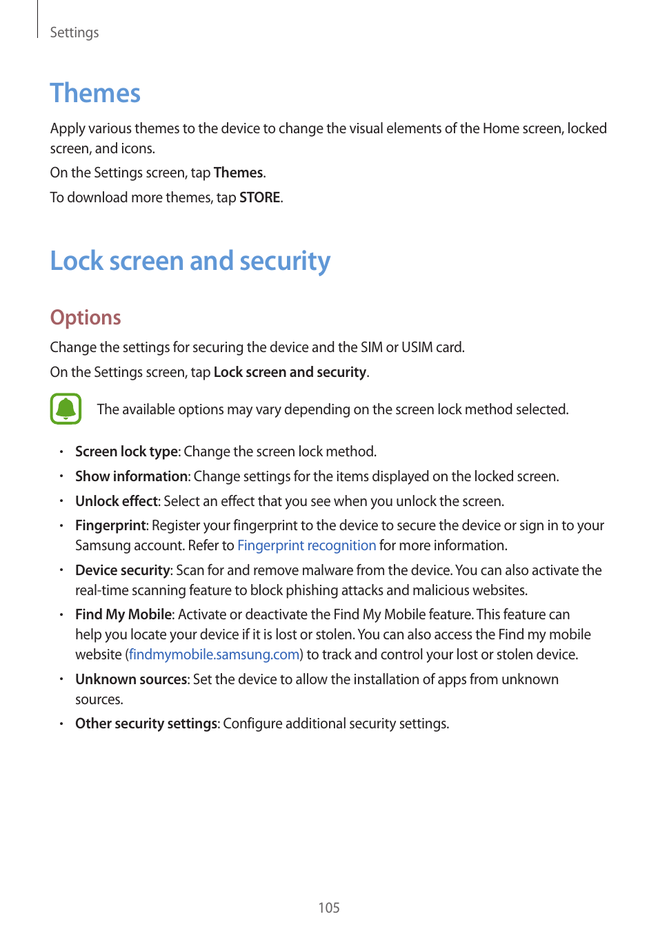 Themes, Lock screen and security, 105 themes 105 lock screen and security | Options | Samsung Galaxy S6 User Manual | Page 105 / 140