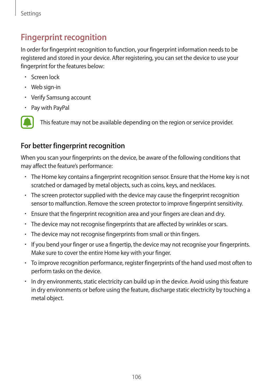 Fingerprint recognition, For better fingerprint recognition | Samsung Galaxy S6 User Manual | Page 106 / 140